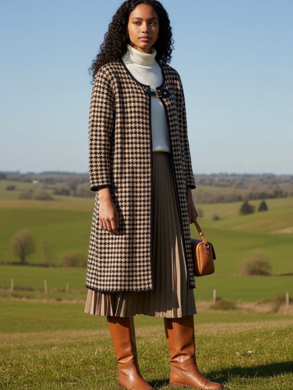 Anne Klein Brown Houndstooth Sweater Coat Buckle Cardigan Women’s M Heritage